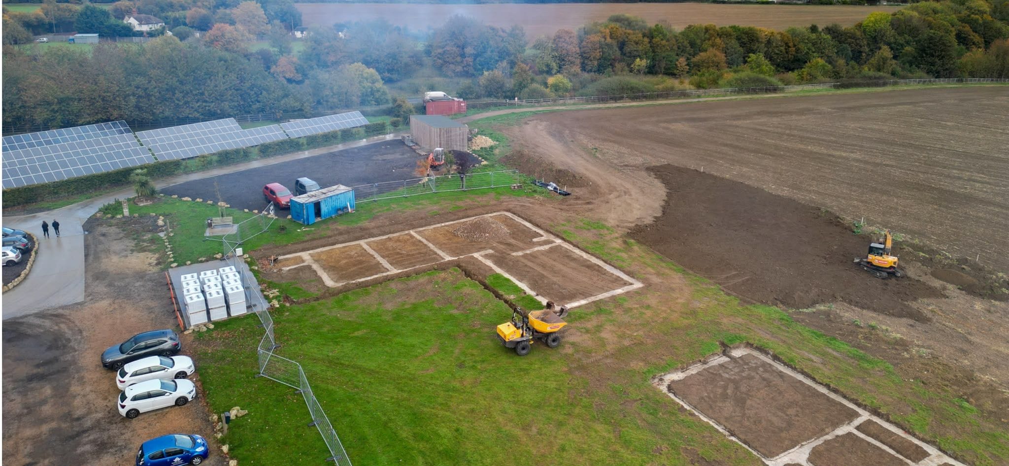 Aerial photo of the groundworks and marked-out foundations at Evegate