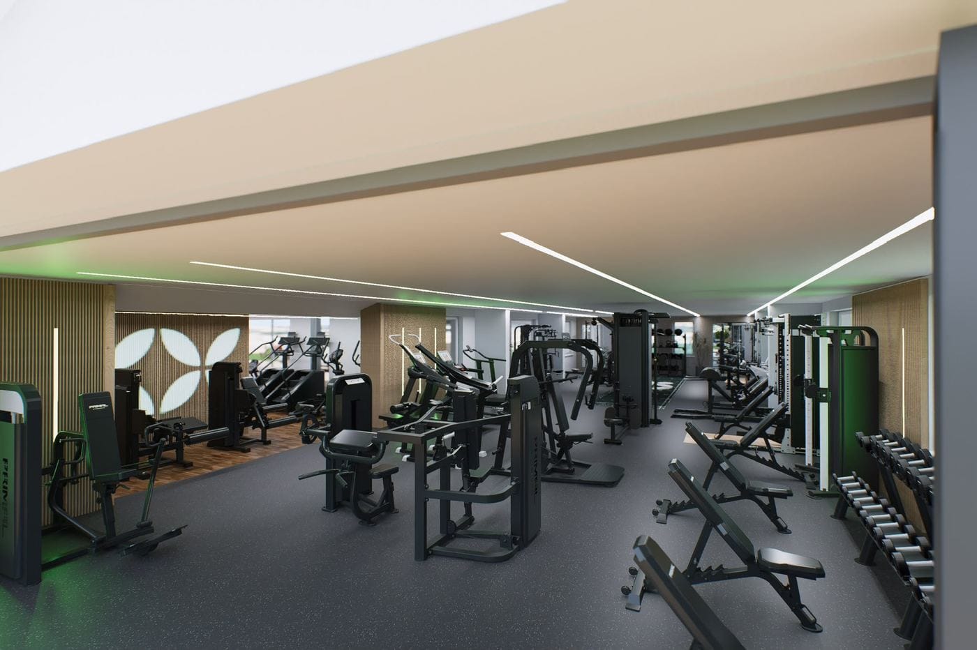 The strength training floor at Breeze with racks and platforms