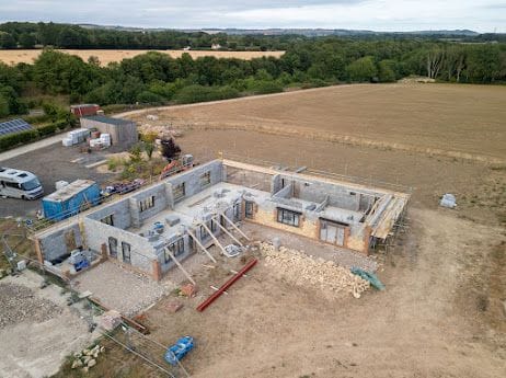 Close aerial of the walls with steel beams in place