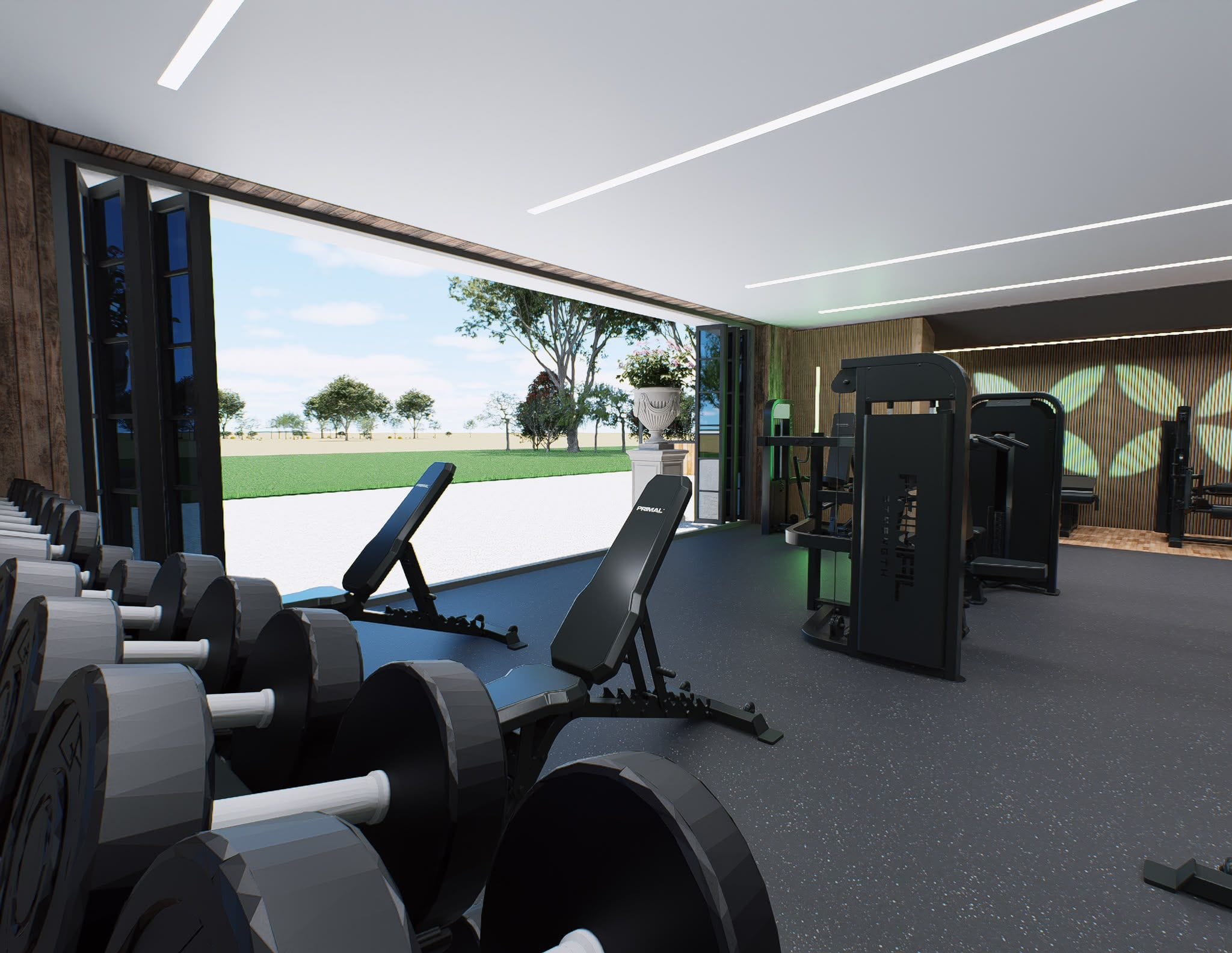 The training floor with the whole wall open to the countryside