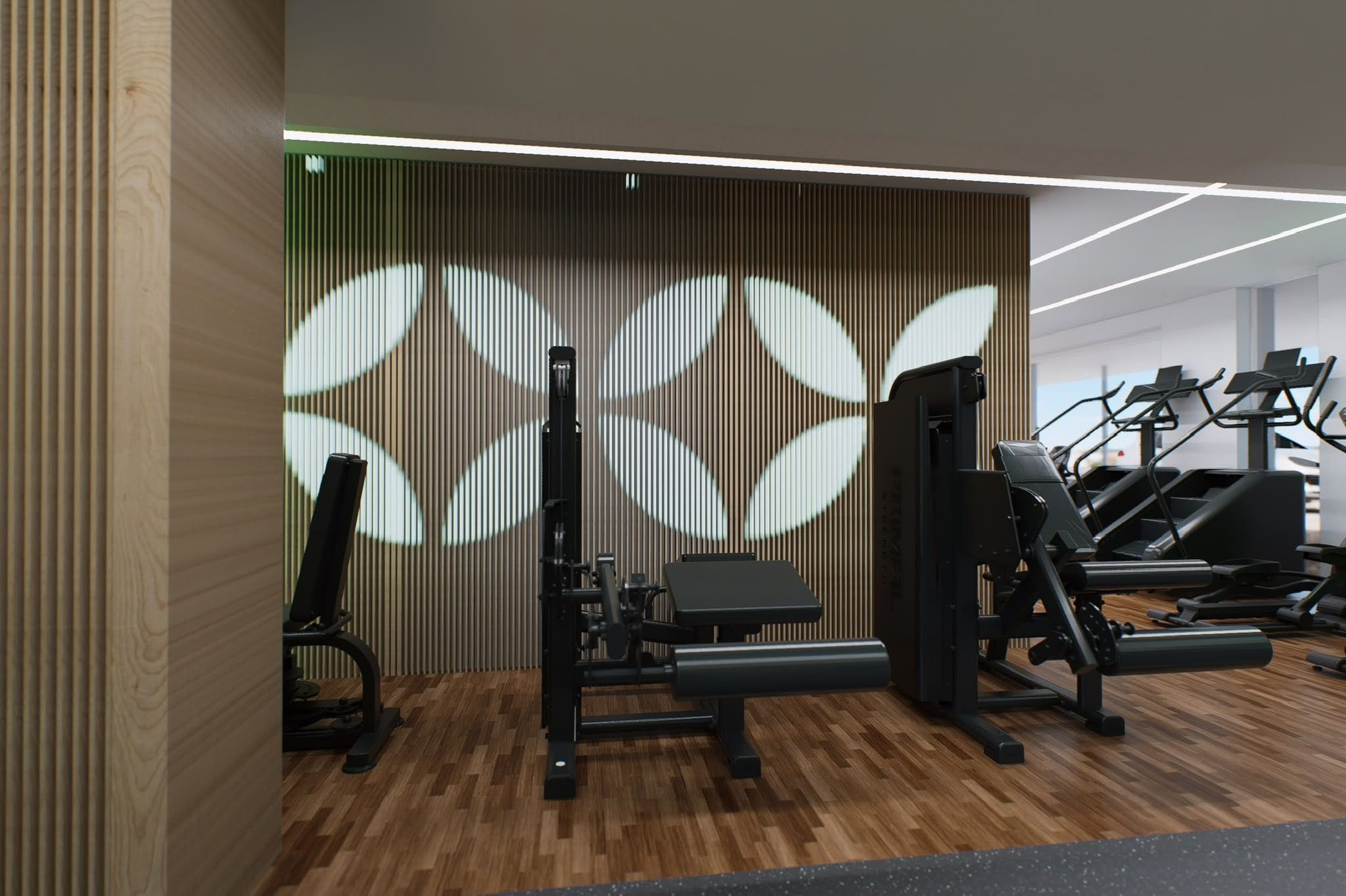 Render of the backlit Breeze leaf motif behind training equipment