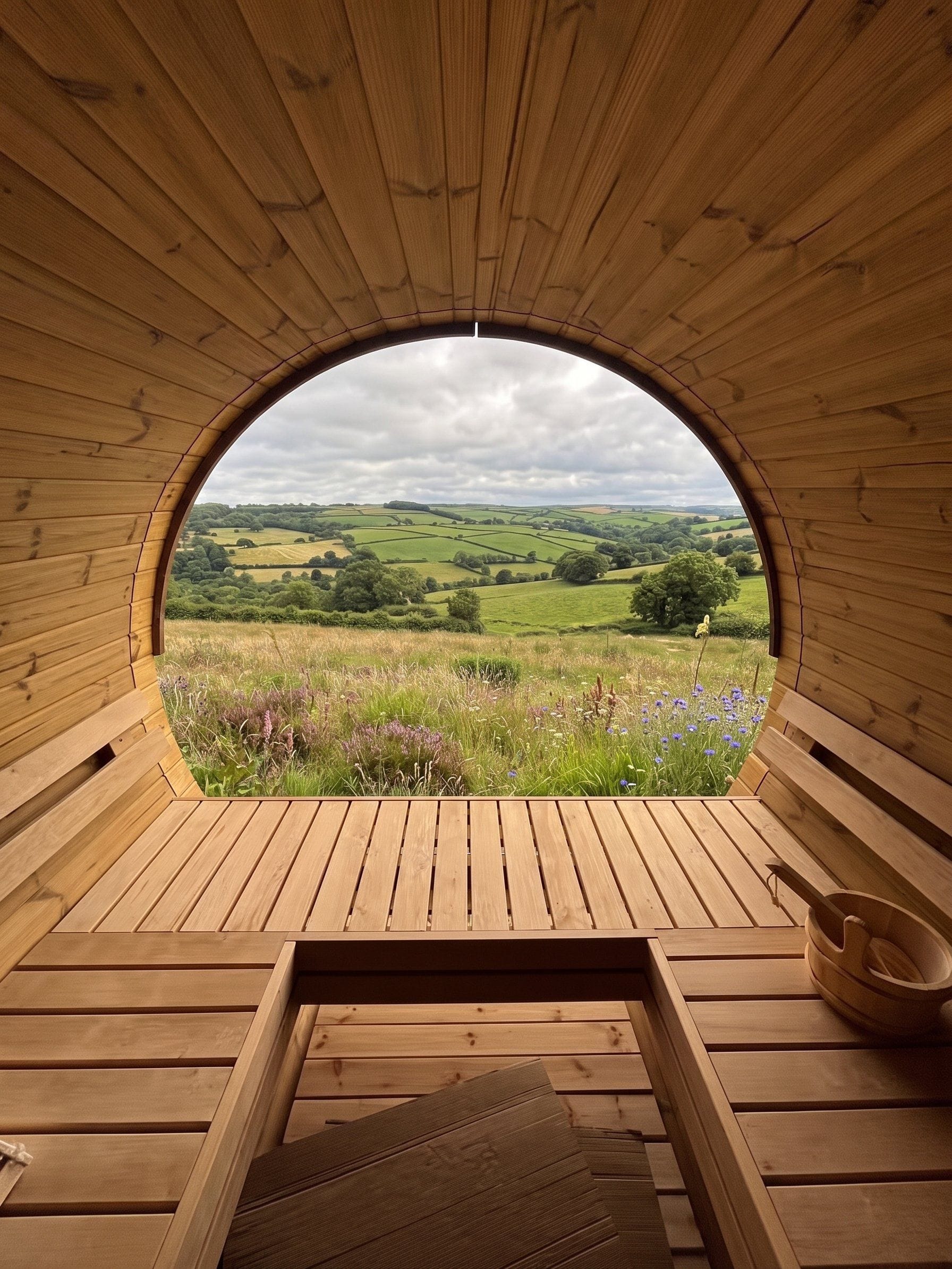 Inside the barrel sauna, looking out through the round window over meadow and countryside