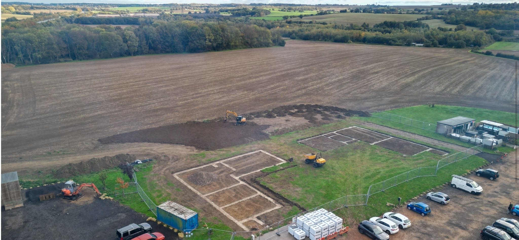 The Breeze site rising at Evegate with the Kent fields beyond, from the air