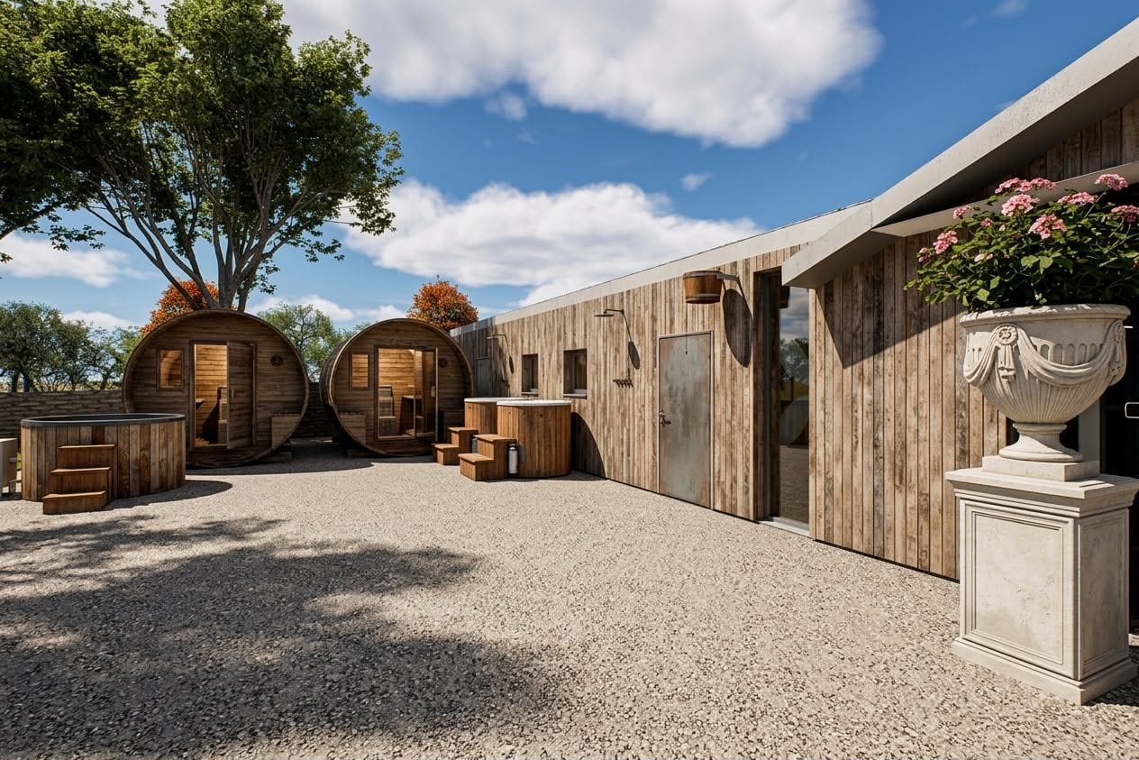 The two cold plunge tubs beside the barrel saunas in the Breeze courtyard